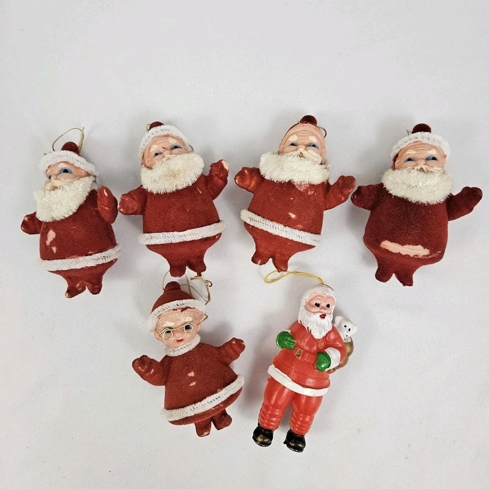 Vintage 6 Blow Mold Santa Mrs Clause Christmas Tree Light Covers MCM Flocked